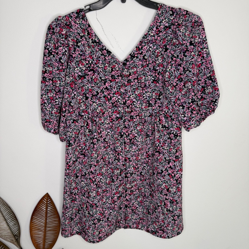 Zara Girls Floral V-Neck Puff Sleeve Button Front Babydoll Blouse Pink Purple 14